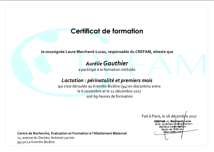 Certificat de formation dAurélie Gauthier
