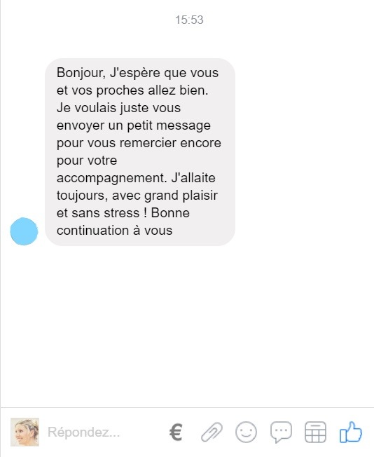 Aurélie Lactation - Message de Jennifer Capture d'écran d'un mail reçu par une maman qui tenait à remercier Aurélie pour son accompagnement. Elle indique allaiter encore, avec grand plaisir et sans stress souhaitant aussi une bonne continuation à Aurélie.