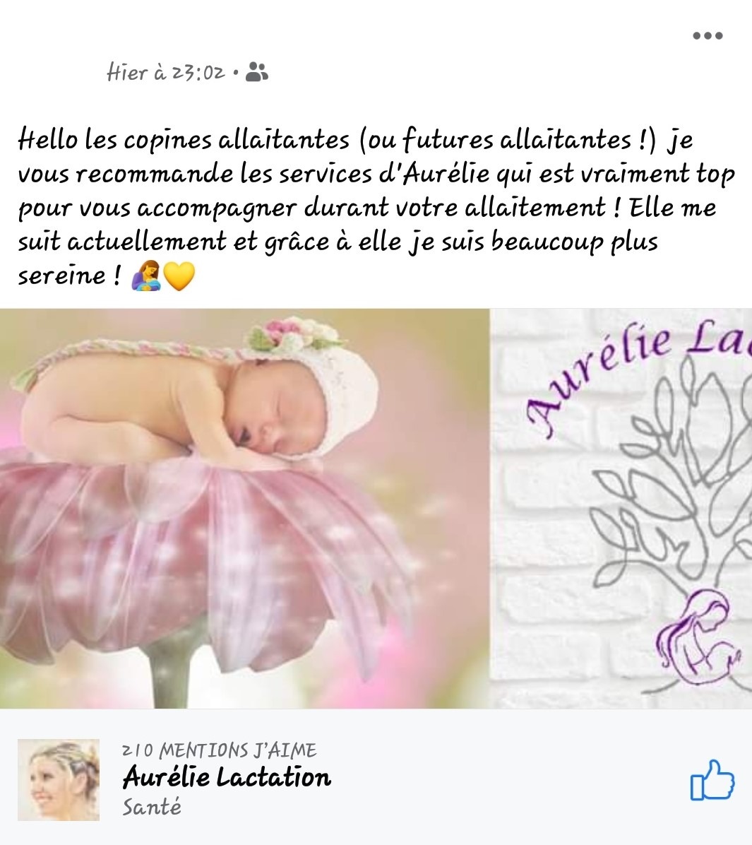 Aurélie Lactation - Publication de Justine Capture d'écran de Justine concernant Aurélie Lactation. Elle recommande à ses copines allaitantes ou futures mamans les services d'Aurélie. Elle précise que celle-ci est top niveau accompagnement de l'allaitement.